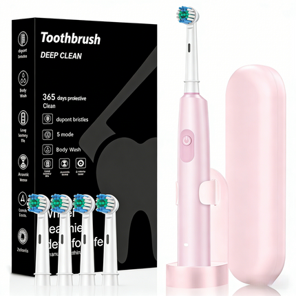 Pink Rotating Round Head Electric Toothbrush Kit with 4 Heads, Case & Stand - 3D Oscillating Mechanical Cleaning for Deep Plaque Removal