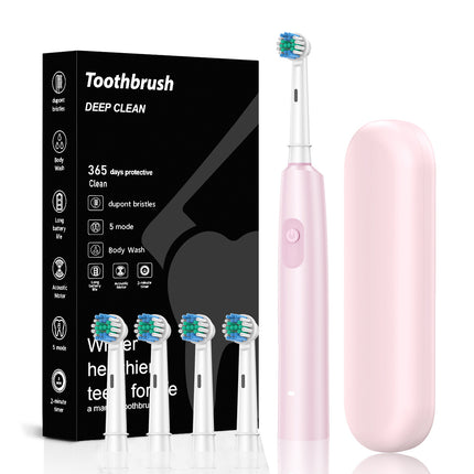 Pink Rotating Round Head Electric Toothbrush Kit with 4 Heads & Case - 3D Oscillating Mechanical Cleaning for Deep Plaque Removal