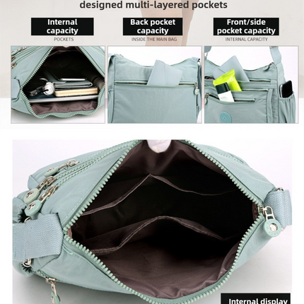 Black Versatile Nylon Multi-Pocket Crossbody Bag - Lightweight Casual Travel Purse, Waterproof Horizontal Square Design