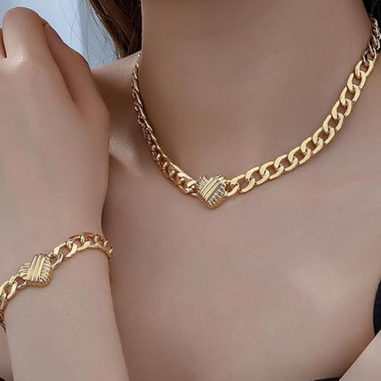 Style 2 Trendy Gold-Plated Heart Necklace & Bracelet Set - Tarnish Free Alloy Cuban Link Jewelry for Fashionable Women