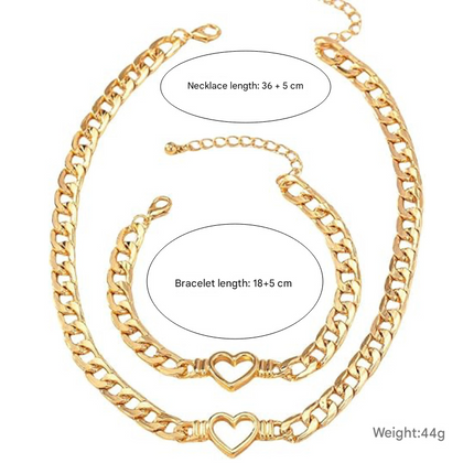 Style 2 Trendy Gold-Plated Heart Necklace & Bracelet Set - Tarnish Free Alloy Cuban Link Jewelry for Fashionable Women