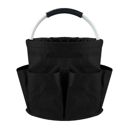 Black Foldable Oxford Cloth Round Picnic Basket with Padded Metal Handle - 6 Pocket Large Capacity Storage Tote for Outdoor Beach and Shopping