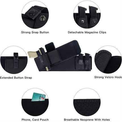 Black Multi-Functional Concealed Tactical Belly Band with Muti-Pouch and Holster - 55 inch Breathable Carry Belt for Outdoor Camping