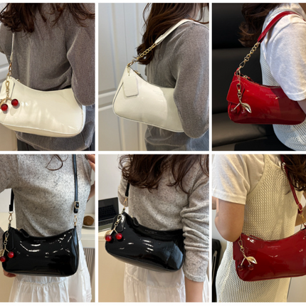 Red Chic Glossy PU Leather Underarm Bag & Crossbody Purse with Cherry Charm - Versatile Handbag for Women