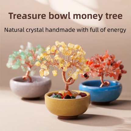 Natural Yellow Crystal Money Tree with Agate Basin & Adjustable Wire Branches - Desktop Feng Shui Decor for Wealth and Prosperity