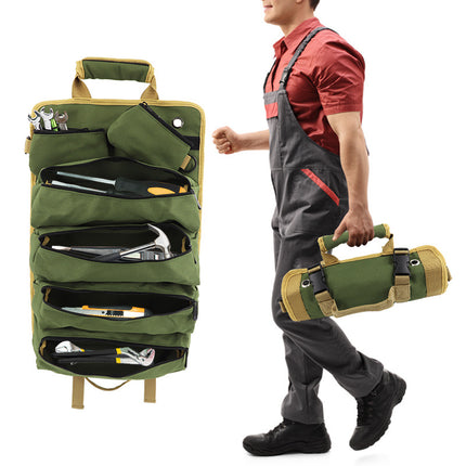 Khaki Heavy-Duty Oxford Cloth Roll-Up Tool Organizer - Detachable Multi-Purpose Utility Bag for Mechanics, Electricians & Outdoors