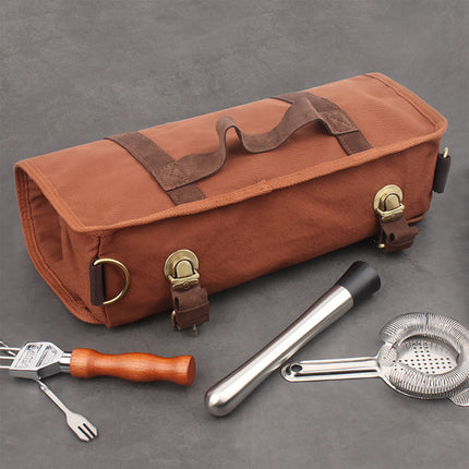 Brown Professional Bartender Kit Travel Bag - Durable Canvas Tool Organizer and Bar Briefcase with Metal Buckles (45x35cm)