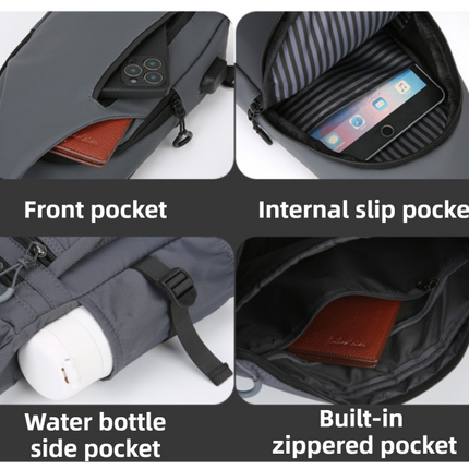 Black Waterproof Unisex Chest Bag with USB Charging & Headphone Port  - 3-Layer Large Capacity PU Leather Crossbody Bag