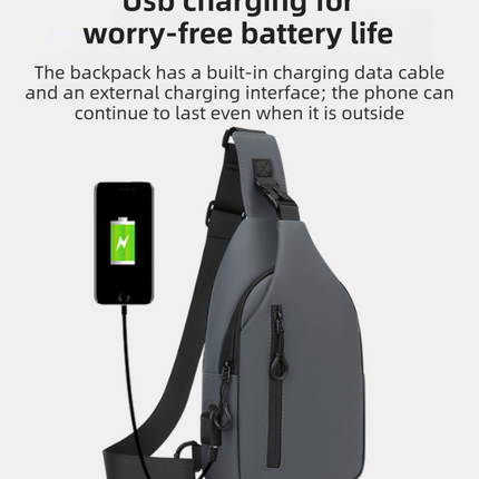 Black Waterproof Unisex Chest Bag with USB Charging & Headphone Port  - 3-Layer Large Capacity PU Leather Crossbody Bag