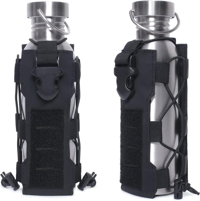 Black Adjustable Tactical Water Bottle Pouch - Multi-Functional MOLLE Compatible Accessory Bag for Hiking & Outdoor Survival