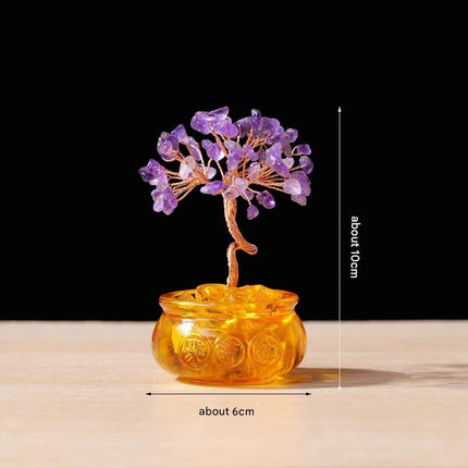 Natural Purple Crystal Money Tree with Fortune Basin & Adjustable Wire Branches - Desktop Feng Shui Decor for Wealth and Prosperity