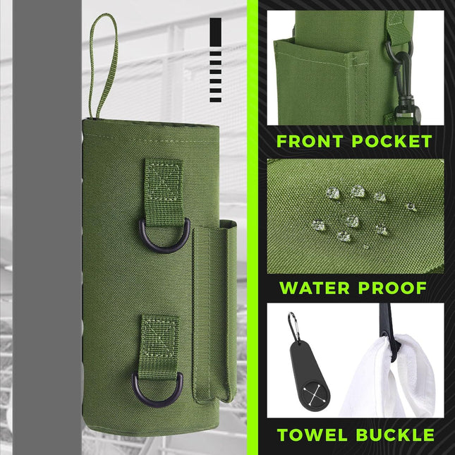 Black Magnetic Gym Water Bottle Pouch & Towel Clip with 6 High-Strength Magnets and Adjustable Strap - Fits 18oz to 40oz