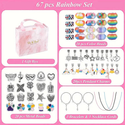 67PCS Blue DIY Charm Necklace & Bracelet Making Kit - Creative Jewelry Craft Set with Colorful Drip Oil Pendants & Metal Beads