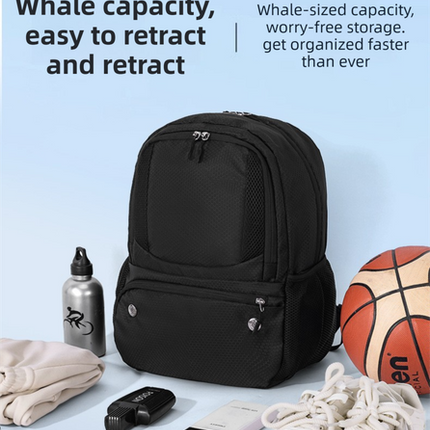 24L High-Capacity Black Basketball Backpack with Shoe Compartment & Dedicated Ball Zone - Waterproof & Durable Oxford Training Bag