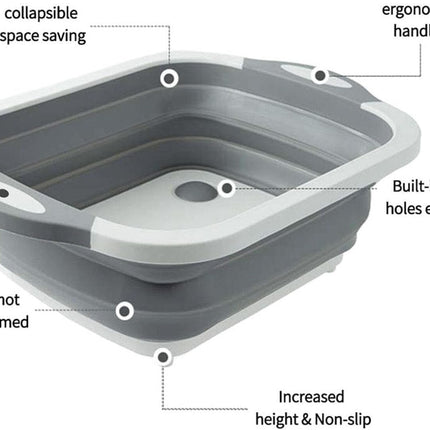 3-in-1 Grey Collapsible Cutting Board & Drain Basin & Storage Tub - Portable Multifunctional Food Grade Storage Basket(37x27x12cm)