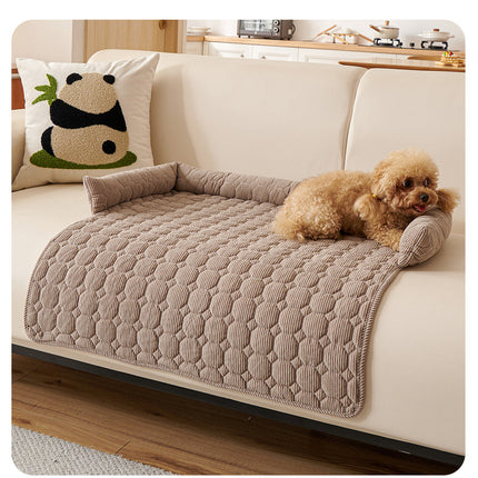 Brown Pet Sofa Protector & Calming Bolster Bed with Diamond Lattice - 75x75CM Thickened Non Slip Furniture Cover for Cats & Dogs