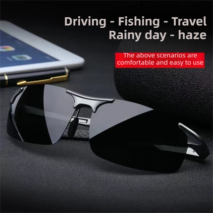Sliver Photochromic HD Sunglass with Anti-Glare/Fatigue Polarization & Impact Resistant Alloy Frame for Day & Night Dual Use