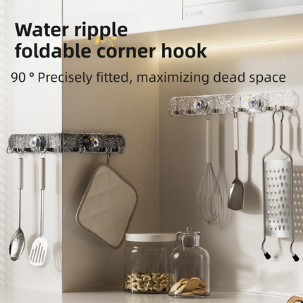 2-Pack 180°Foldable Hidden Hook Rail with Reusable Suction Cup - Waterproof Water Ripple Rack for Bathroom & Kitchen (Black-Transparency)