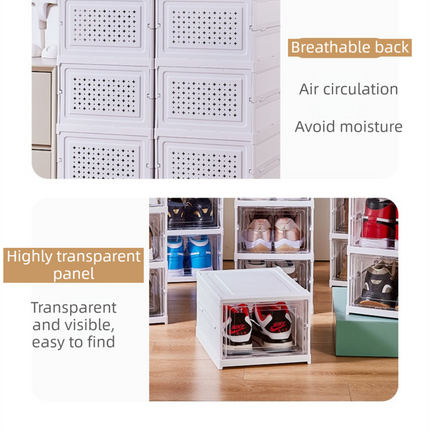 Transparent 3-Layer Foldable Shoe Storage Tower with Transparent Display Panel & Back Ventilation - One-Pull Instant Setup Stackable Box (25.5x34.5x52.5CM)