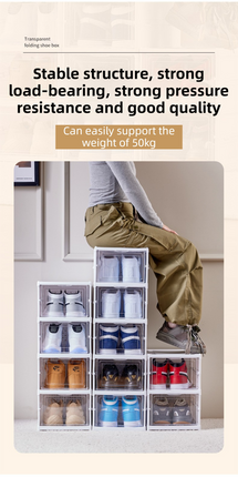 Transparent 3-Layer Foldable Shoe Storage Tower with Transparent Display Panel & Back Ventilation - One-Pull Instant Setup Stackable Box (25.5x34.5x52.5CM)