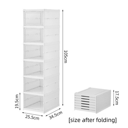 Transparent 6-Layer Foldable Shoe Storage Tower with Transparent Display Panel & Back Ventilation - One-Pull Instant Setup Stackable Box (25.5x34.5x105CM)