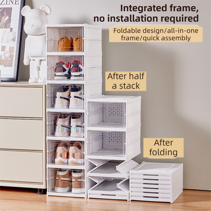 Transparent Brown 6-Layer Foldable Shoe Storage Tower with Transparent Display Panel & Back Ventilation - One-Pull Instant Setup Stackable Box (25.5x34.5x105CM)