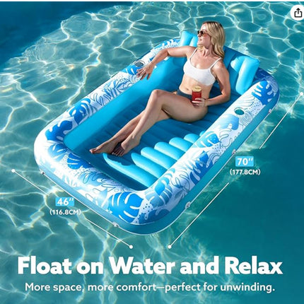 180x118CM Blue Deluxe Inflatable Suntan Tub & Floating Pool Lounger with Dual Integrated Cup Holders and Pillow - Portable Sunbathing Pool for Lawn & Water