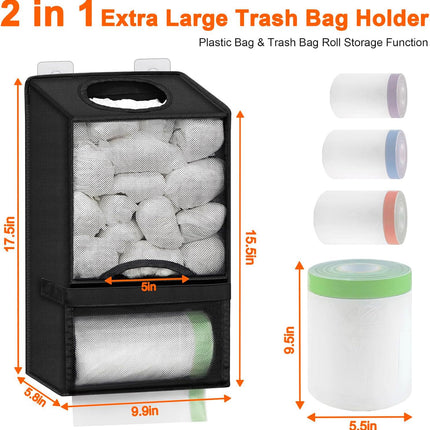 2-in-1 Black Kitchen Plastic Bag & Trash Bag Roll Dispenser - Hanging Grocery & Produce Bag Organizer (17.5x9.9x5.8 inch)