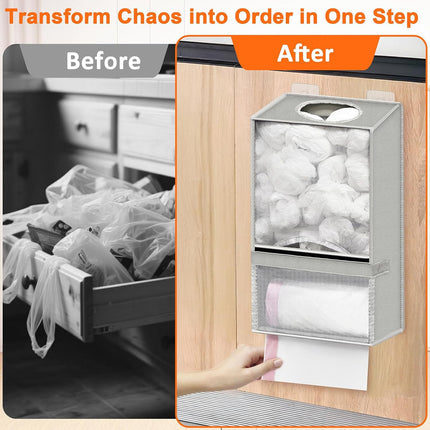 2-in-1 Black Kitchen Plastic Bag & Trash Bag Roll Dispenser - Hanging Grocery & Produce Bag Organizer (17.5x9.9x5.8 inch)