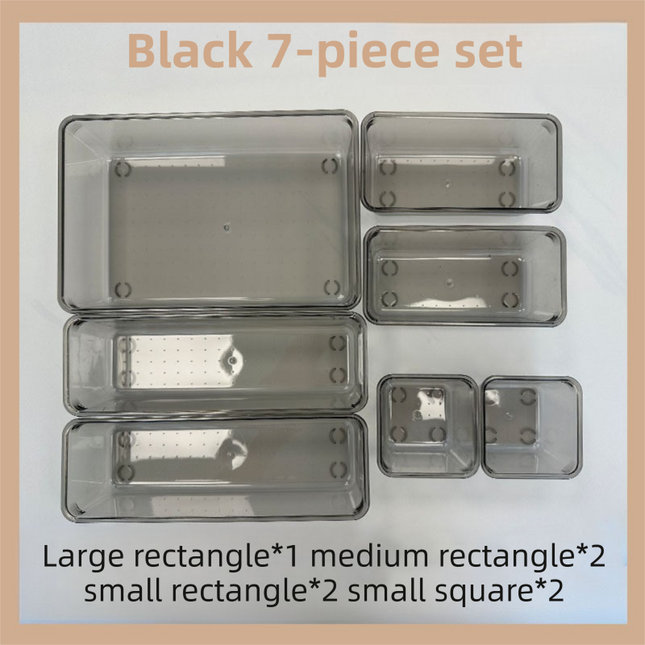 7PCS Black Transparent Stackable Organizer Set - 4-Size Versatile Desktop & Drawer Divider
