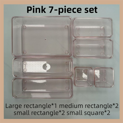 7PCS Pink Transparent Stackable Organizer Set - 4-Size Versatile Desktop & Drawer Divider