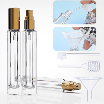 5-Piece Gold Premium Glass Travel Perfume Atomizer Set - 10ml Portable Refillable Sprayers with Transfer Tools