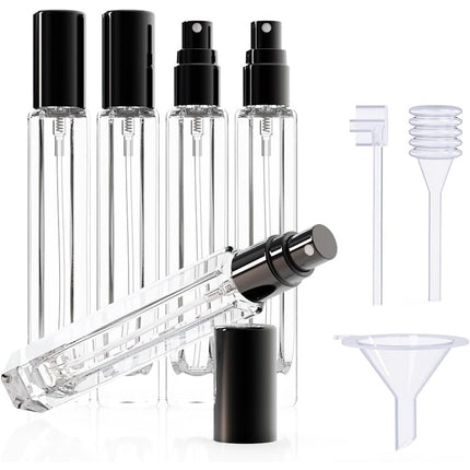 5-Piece Black Premium Glass Travel Perfume Atomizer Set - 10ml Portable Refillable Sprayers with Transfer Tools