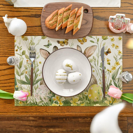 4-Pack Happy Easter Bunny & Egg Placemats - Festive Holiday Table Mats - Stain-Resistant Kitchen Decor for Spring Parties