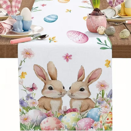 33 x 183 CM Festive Easter Linen Table Runner - Cartoon Bunny Table Runner & Stain-Resistant Primitive Home Decor (Style-4)