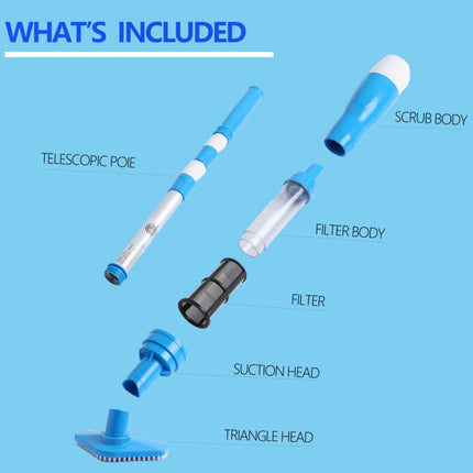 Blue and White Cordless Underwater Pool Vacuum with 3 Cleaning Heads & 164cm Extended Reach - Rechargeable Handheld Spa & Pond Cleaner