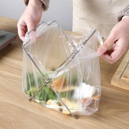 2-Pack Foldable Stainless Steel Trash Bag Holder (21 x 26 CM) - Multi-Functional Kitchen Countertop Organizer for Plastic Bag & Dishcloth
