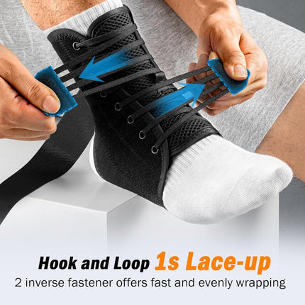 XL Size Black Triple-Layer Compression Ankle Brace With Adjustable Lace-Up - Breathable Sprain Prevention Sleeve