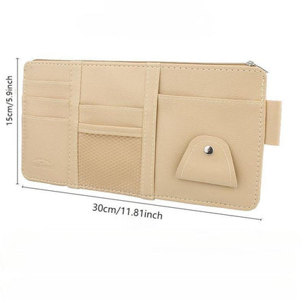 Blue Premium Leather Car Sun Visor Organizer - Secure Zippered Storage Pouch with Card, Document & Eyewear Clip