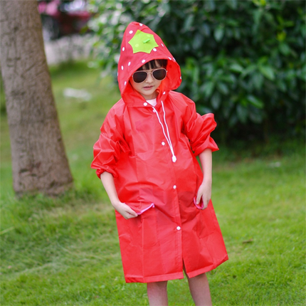 Red Strawberry Kids Cartoon Animal Raincoat - Waterproof Hooded Rain Poncho for Toddlers & Students (90-130CM Height)