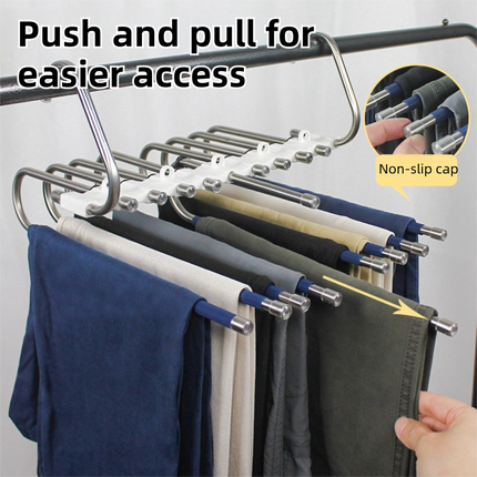 Ultimate Closet Space-Saver Set: 9-Tier Sliver Stainless Steel Retractable Pants Rack & 10-Pack Multi-Port Magic Hangers