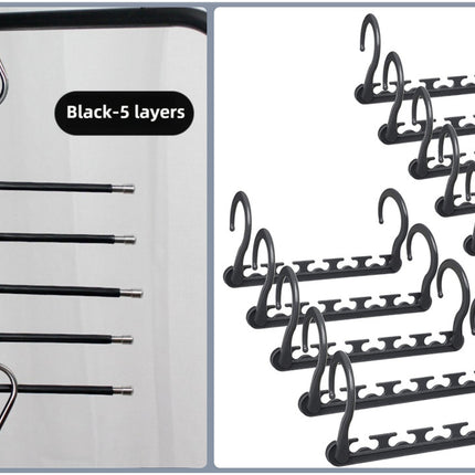 5-Tier Black Stainless Steel Pants Rack and 10-Pack Magic Cascading Hangers Set - Space-Saving Closet Organizer Kit