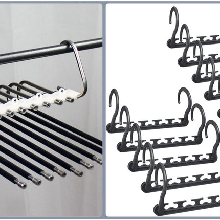 Ultimate Closet Space-Saver Set: 9-Tier Black Stainless Steel Retractable Pants Rack & 10-Pack Multi-Port Magic Hangers