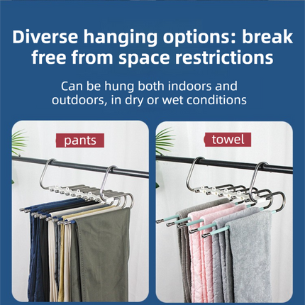 Ultimate Closet Space-Saver Set: 9-Tier Black Stainless Steel Retractable Pants Rack & 10-Pack Multi-Port Magic Hangers
