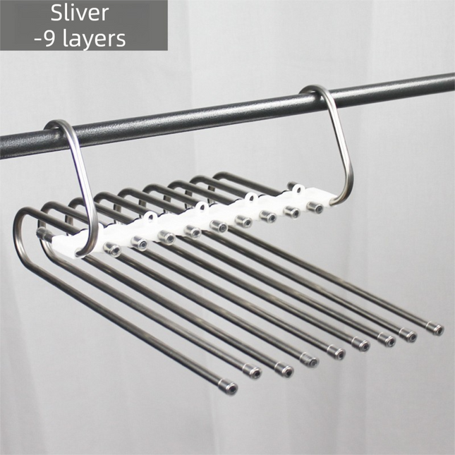 9-Layers Sliver Stainless Steel Pants Rack with Horizontal / Vertical Modes and Expandable Pull-Out Rods - High-Load Folding Magic Hanger