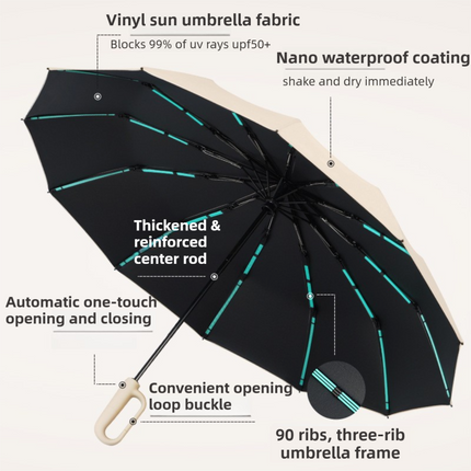 Beige Heavy Duty Fully Automatic Carabiner Umbrella with Integrated Hook Handle (Diameter 106CM) - Ultra Windproof and UV Protective Sun & Rain Umbrella