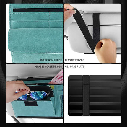 Blue Faux Suede Car Sun Visor Organizer with Spring Strap - Multi-Functional Eyewear Case & Card Holder