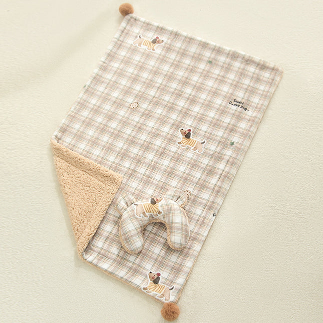 Plaid Puppy Premium Soft Fleece Dog Bed Quilt & Pillow Set (M Size 60 x 40 CM) - All-Season Reversible Warm Cat Nap Pad