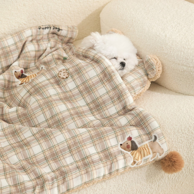 Plaid Puppy Premium Soft Fleece Dog Bed Quilt & Pillow Set (M Size 60 x 40 CM) - All-Season Reversible Warm Cat Nap Pad