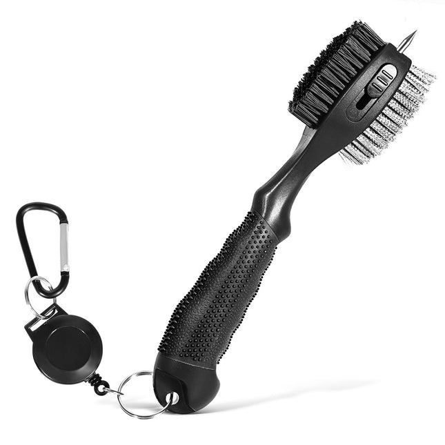 Black Premium Golf Club Cleaning Brush Extra Large Head Dual Bristles Retractable Zip Line & Groove Cleaner